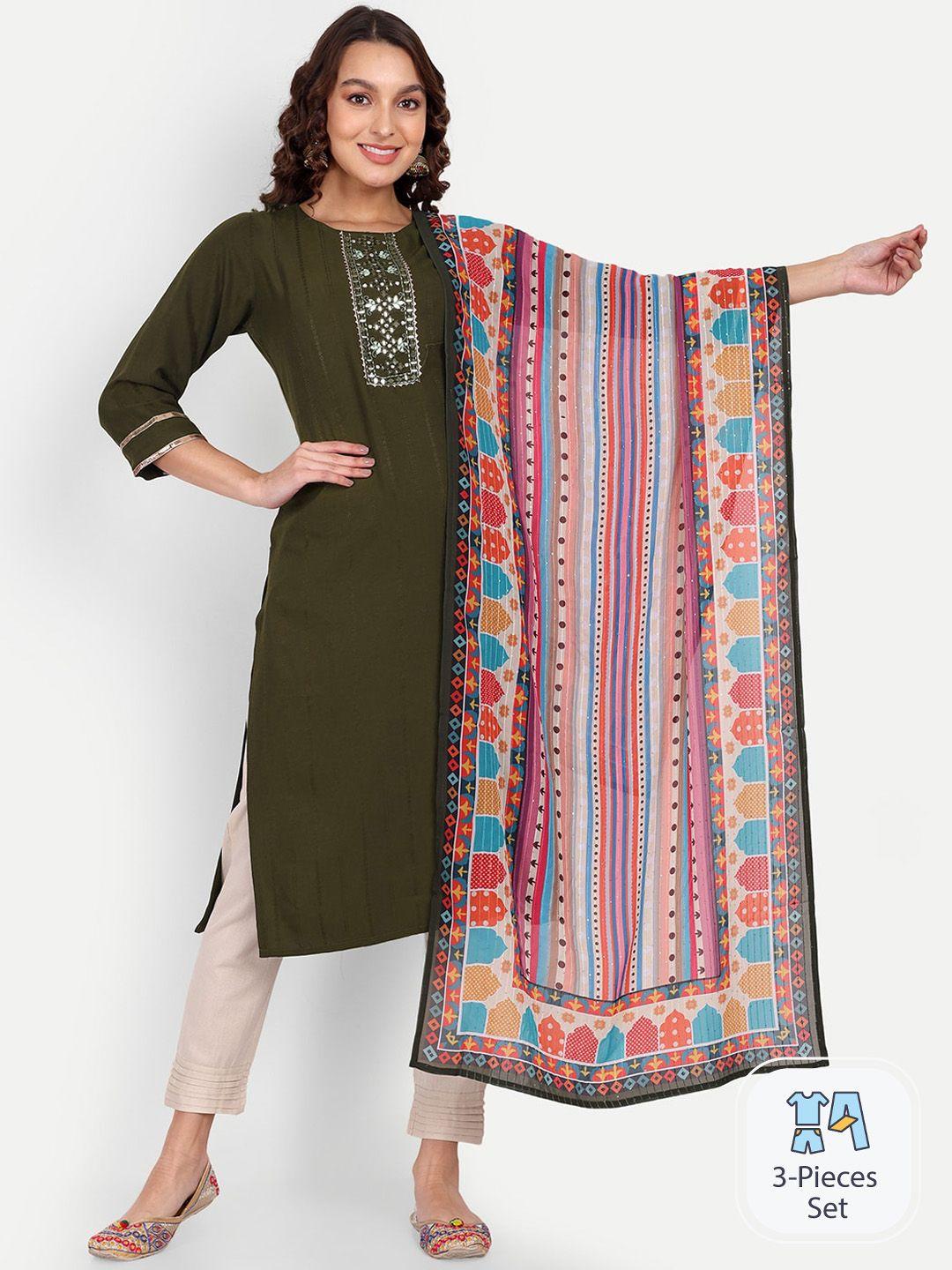 growish striped mirror work kurta with trousers & dupatta