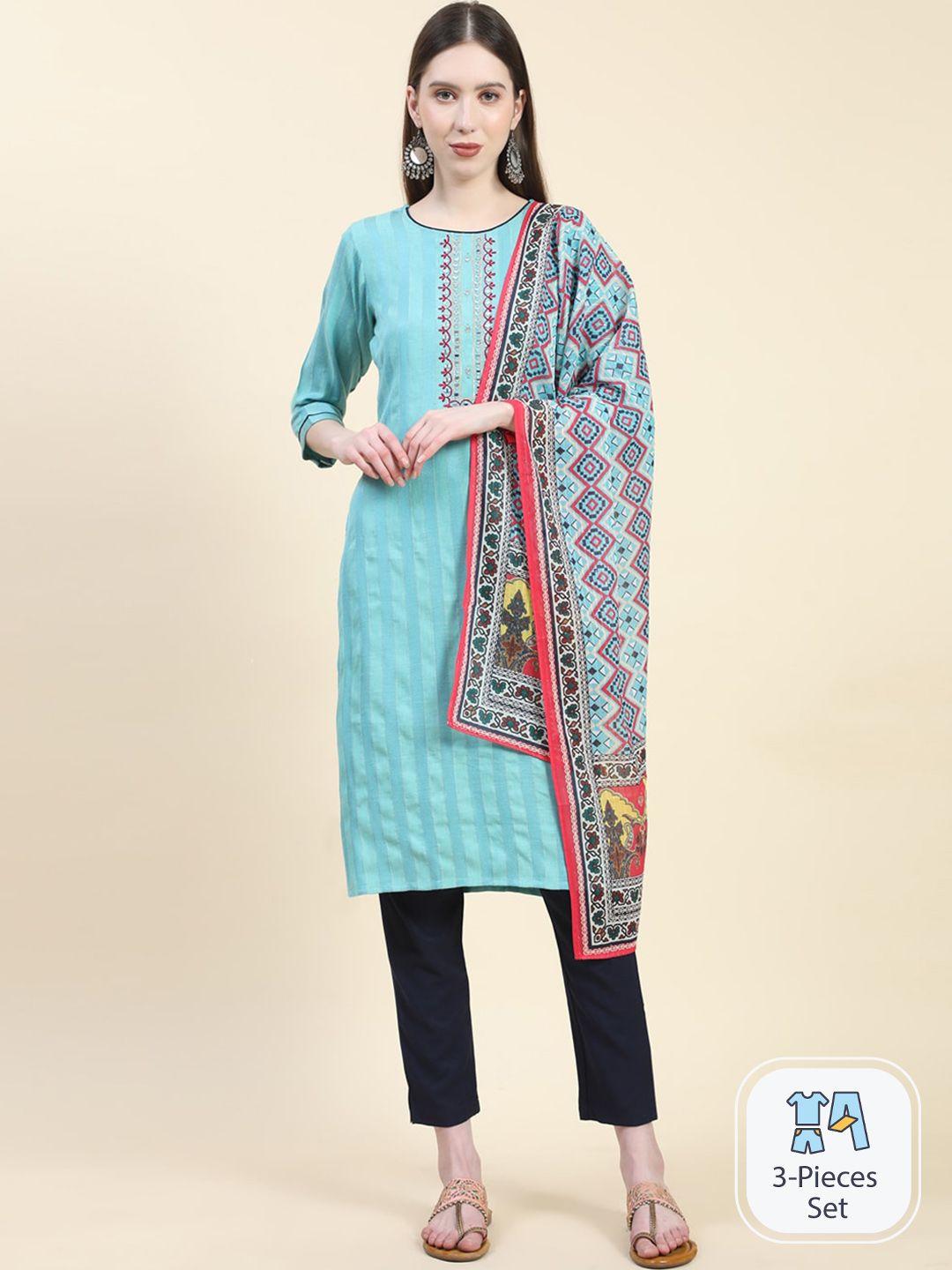 growish striped mirror work straight kurta & trouser with dupatta