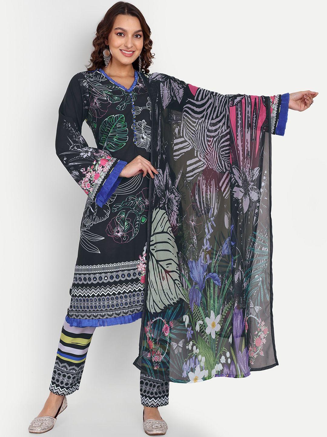 growish floral printed v-neck mirror work straighyt kurta & trousers with dupatta