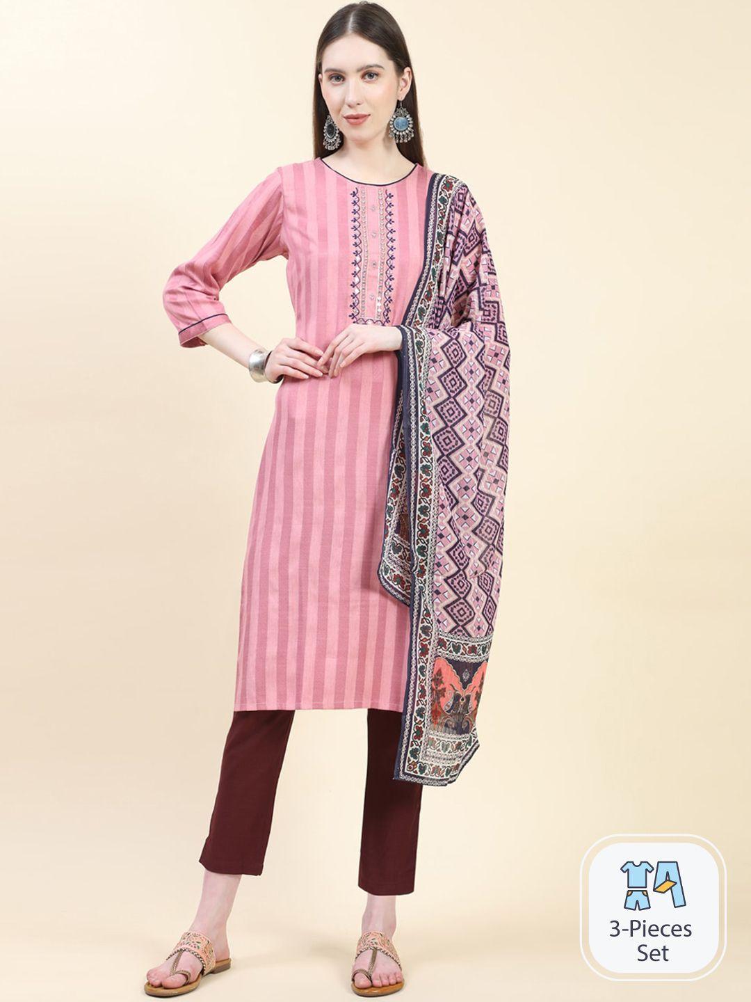 growish striped mirror work straight kurta & trouser with dupatta