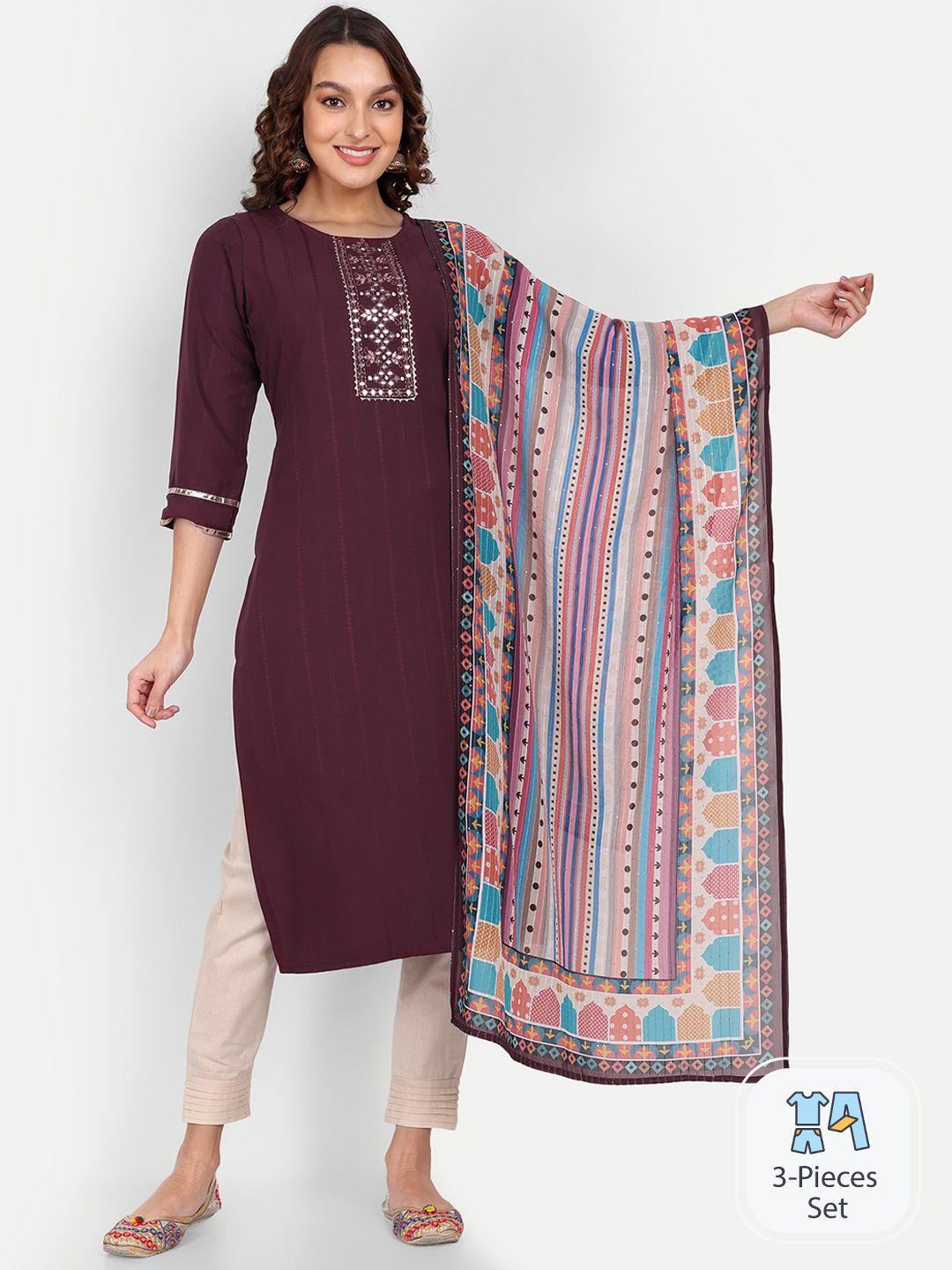 growish striped mirror work straight kurta & trouser with dupatta