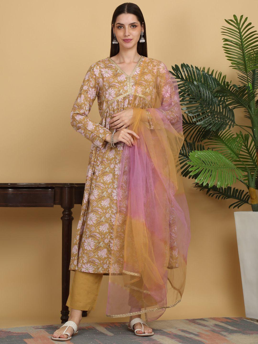 kalini floral printed empire gotta patti pure cotton kurta & trousers with dupatta