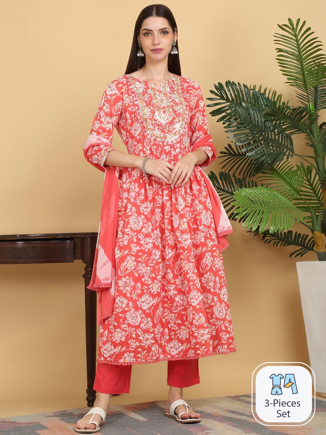 kalini floral printed regular thread work pure cotton kurta with trousers & with dupatta