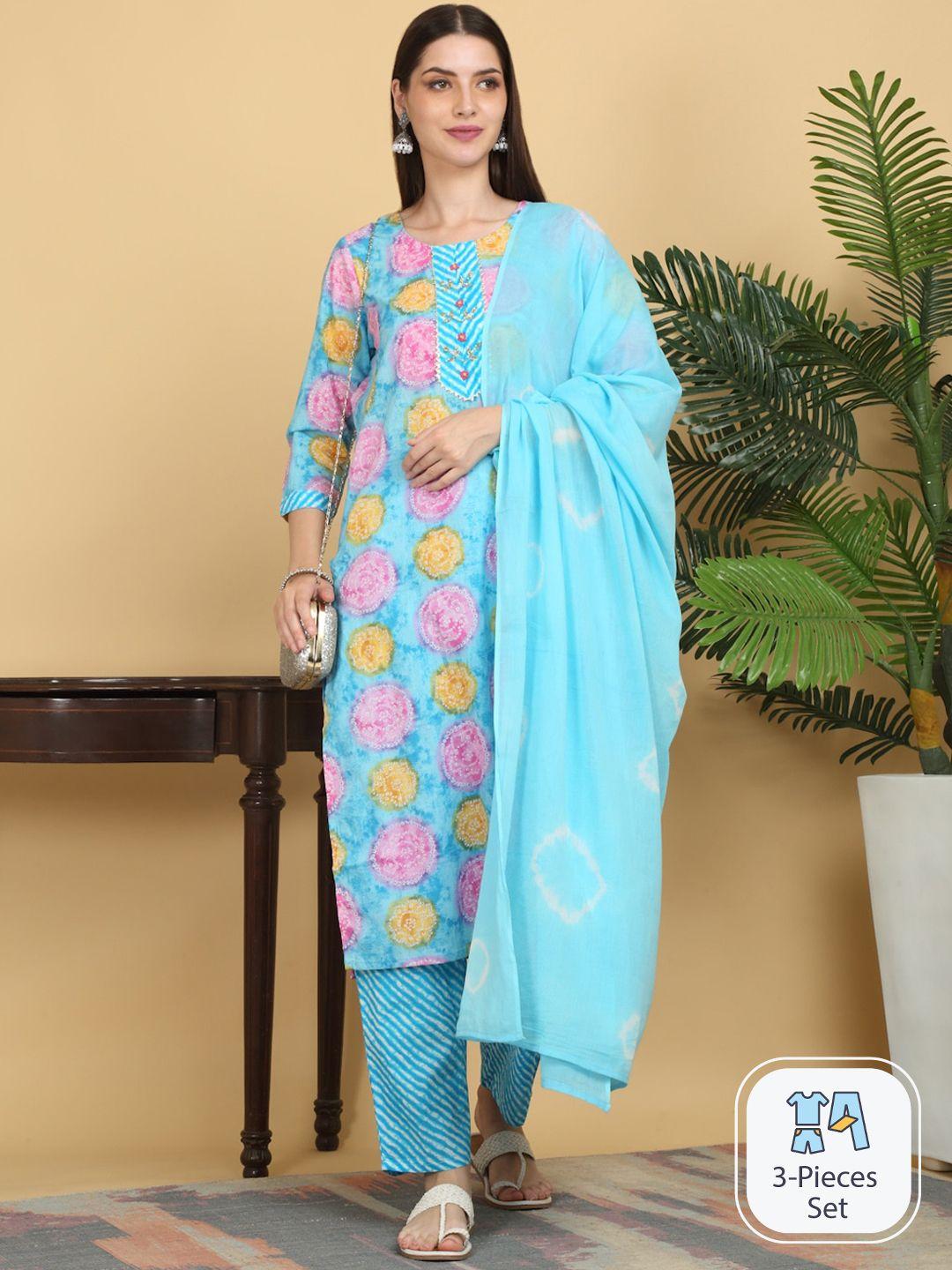 kalini bandhani printed round neck gotta patti pure cotton kurta with trousers & dupatta