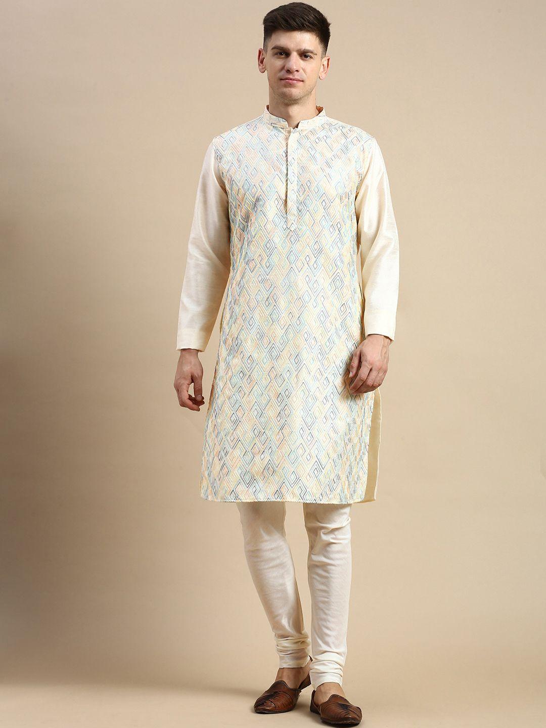 anouk geometric embroidered thread work mandarin collar straight kurta