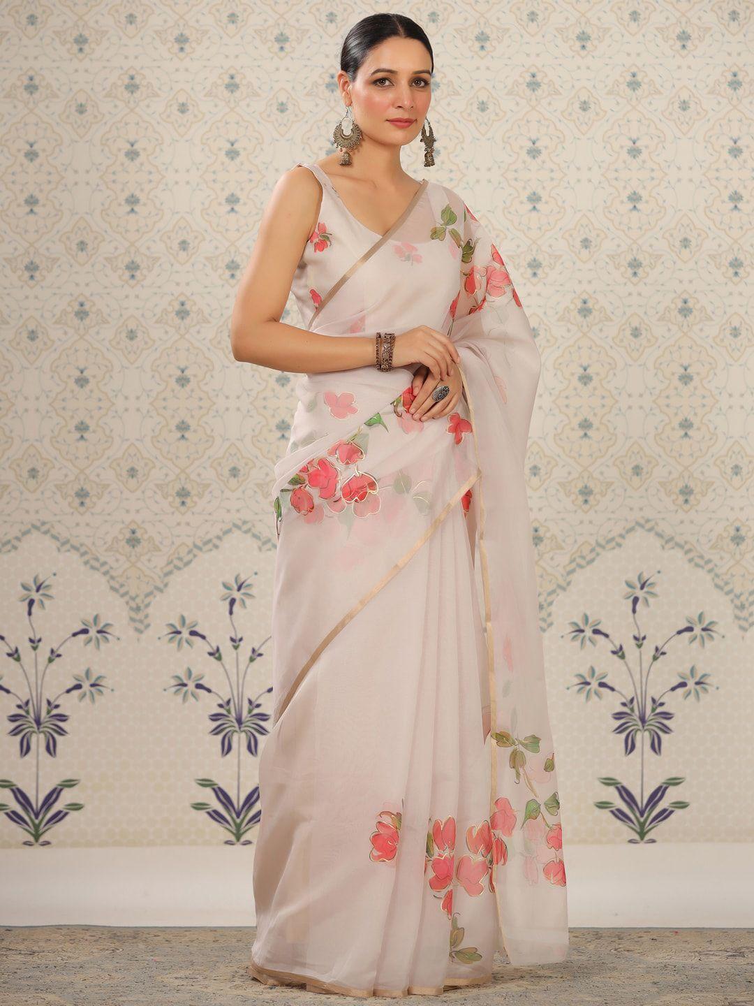 ode by house of pataudi cream-coloured & fuchsia floral printed zari organza saree