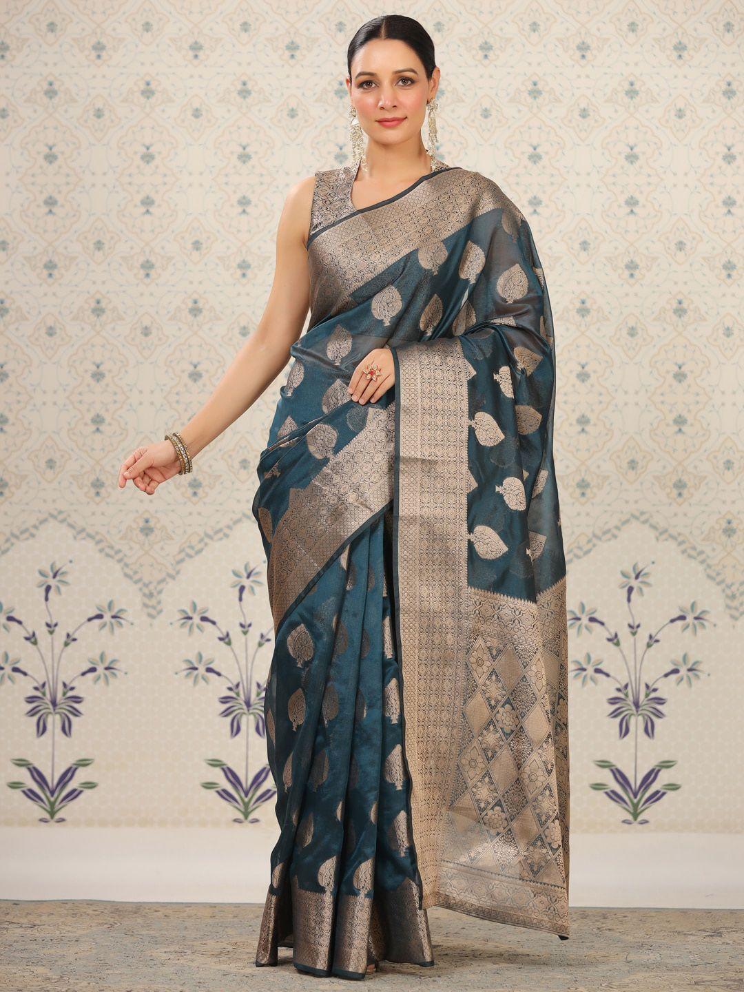 ode by house of pataudi teal ethnic motifs woven design zari silk cotton saree