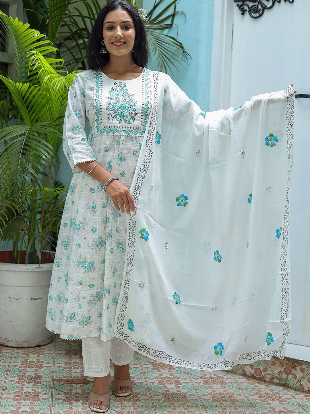 kalini floral printed embroidered a-line kurta & trousers with dupatta