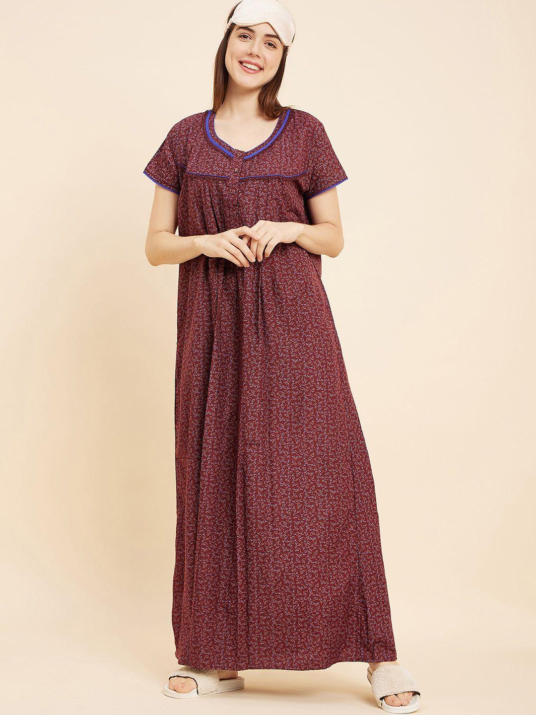 sweet dreams maroon ethnic motifs printed maxi nightdress