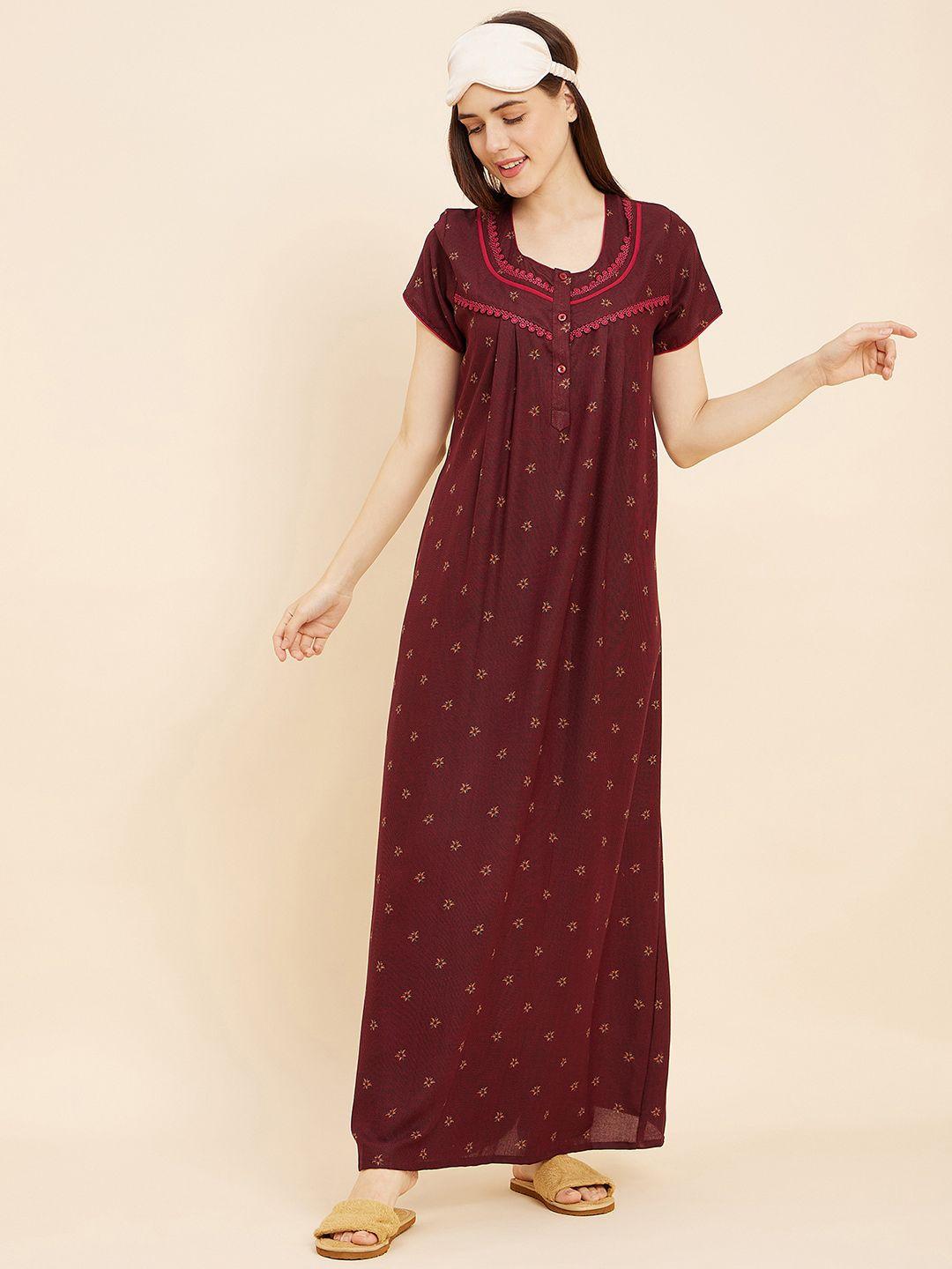 sweet dreams maroon printed cotton maxi nightdress