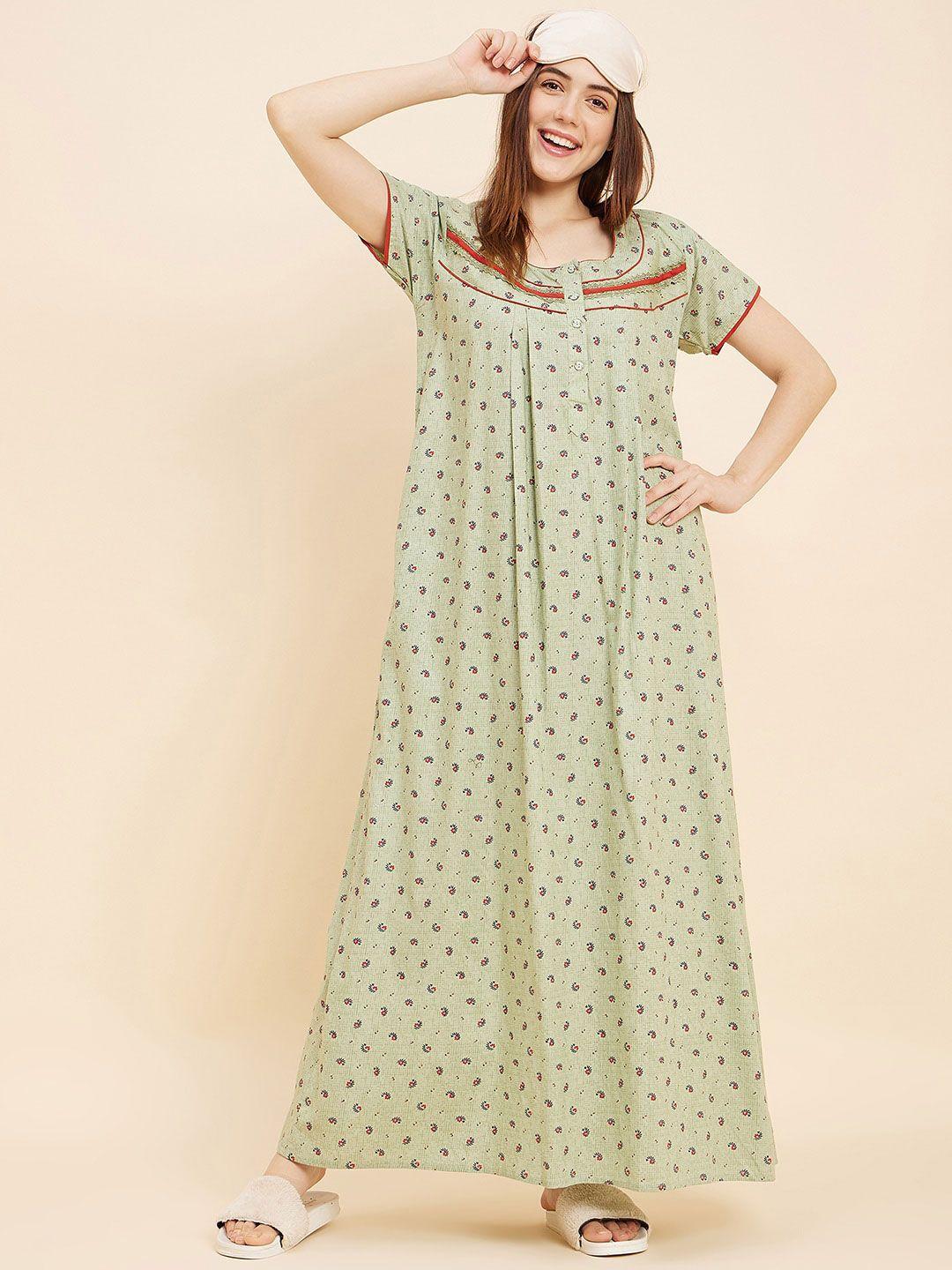 sweet dreams green printed cotton maxi nightdress