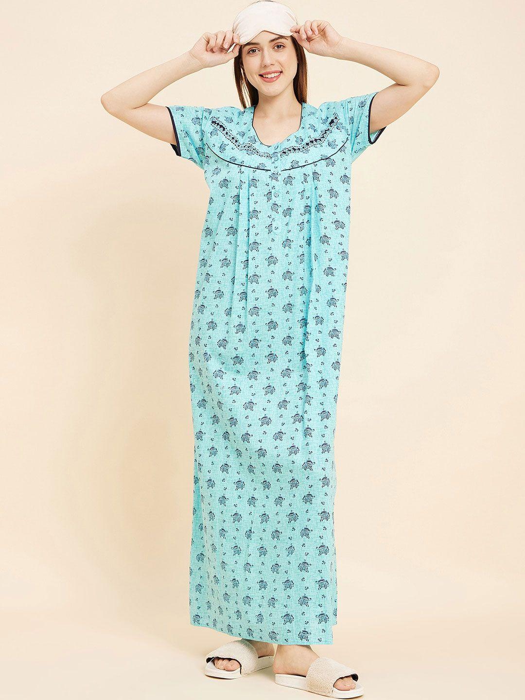 sweet dreams turquoise blue printed cotton maxi nightdress