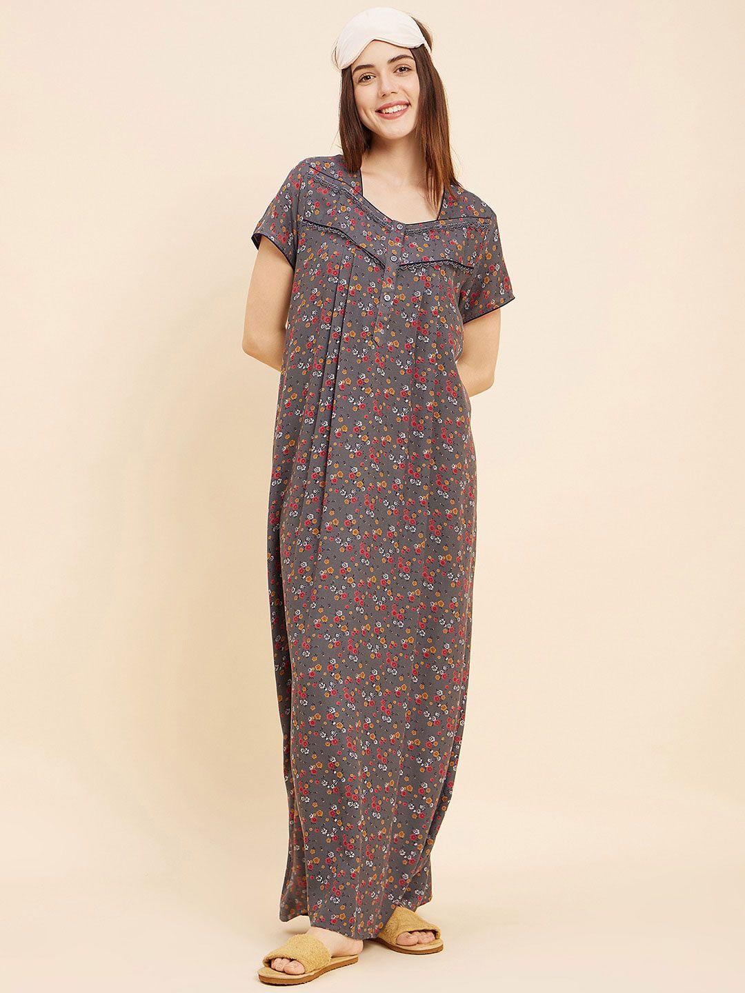 sweet dreams grey floral printed pure cotton maxi nightdress