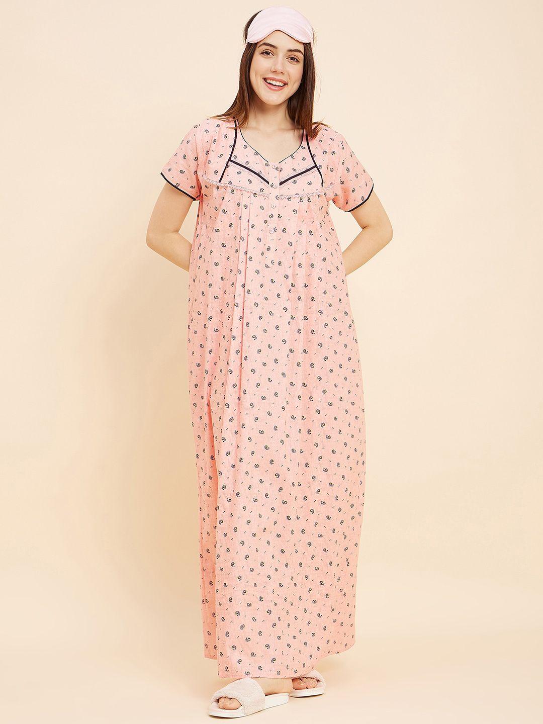 sweet dreams peach-coloured printed cotton maxi nightdress