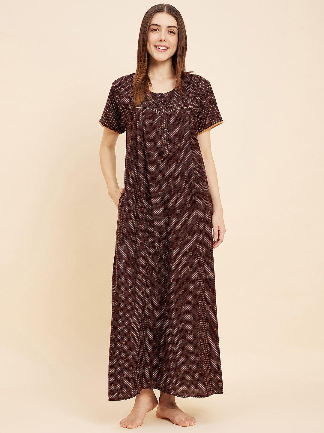 sweet dreams brown geometric printed pure cotton maxi nightdress