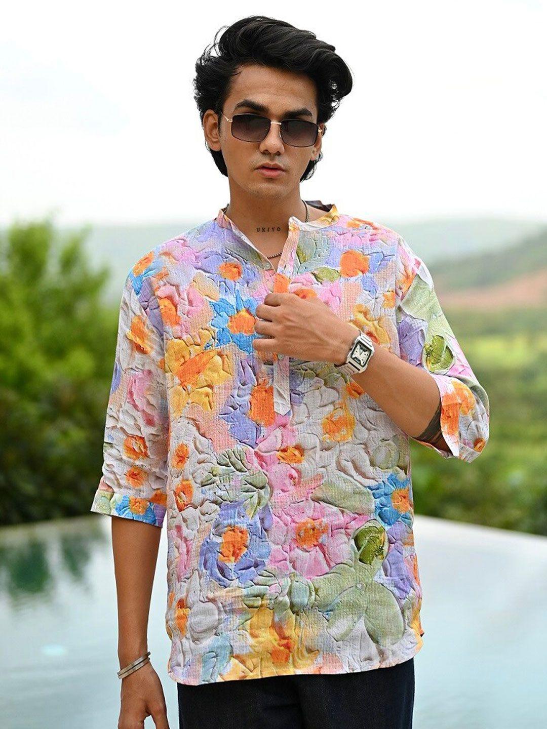 addy's for men comfort fit floral printed mandarin collar casual linen shirt