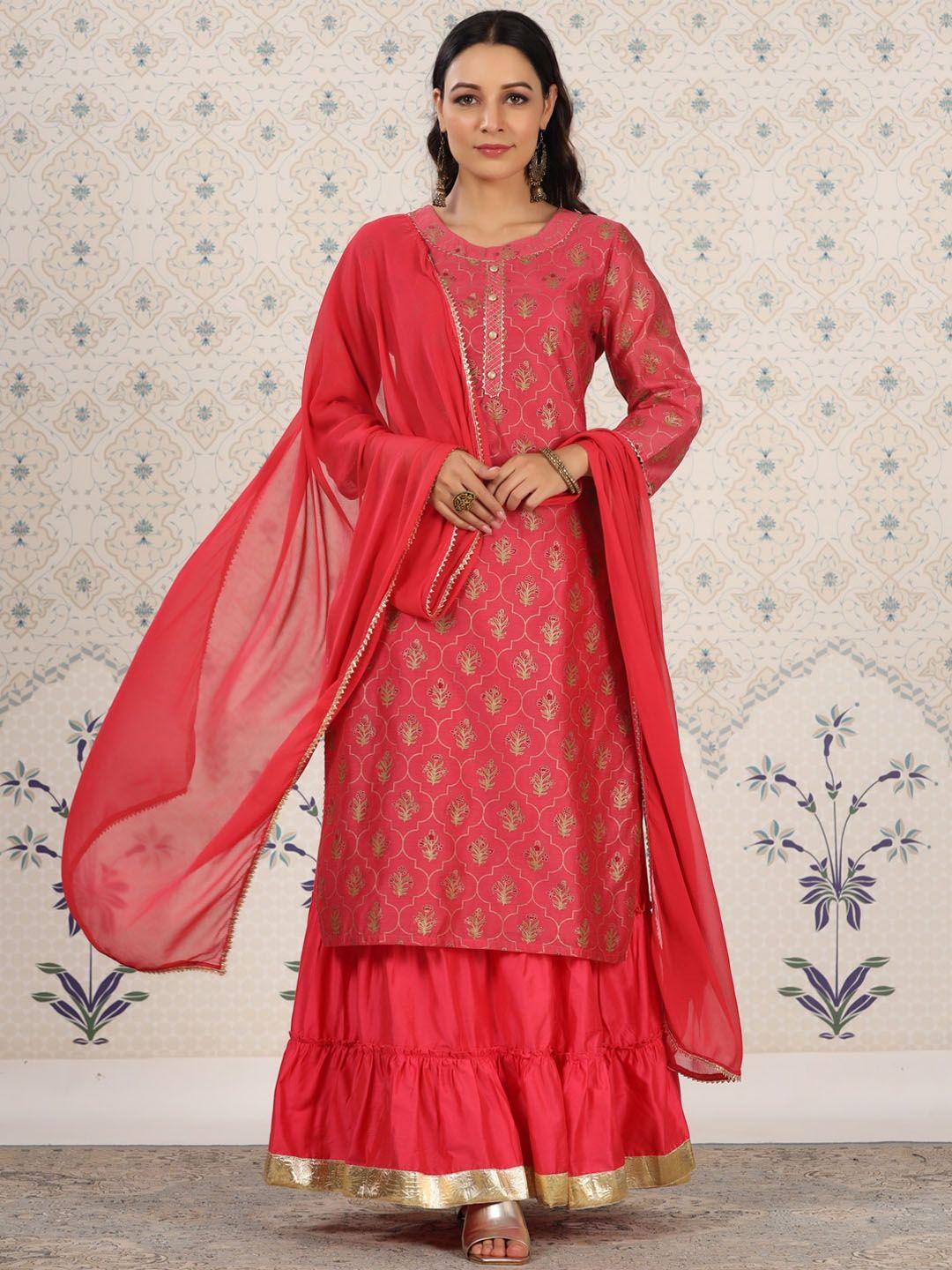 house of pataudi ethnic motifs printed gotta patti detailed kurta & skirt with dupatta