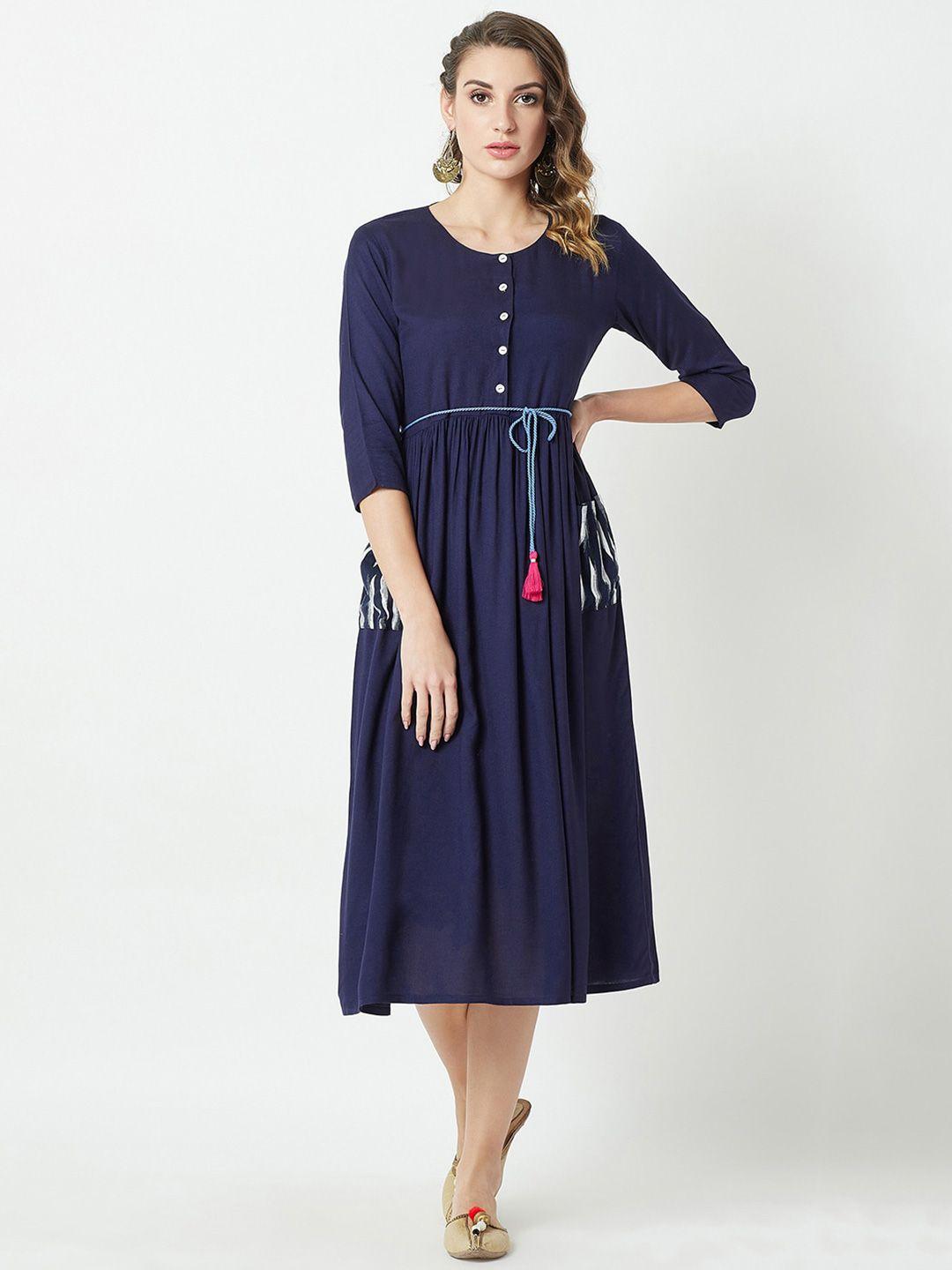 dressberry navy blue round neck gathered fit & flare midi dress