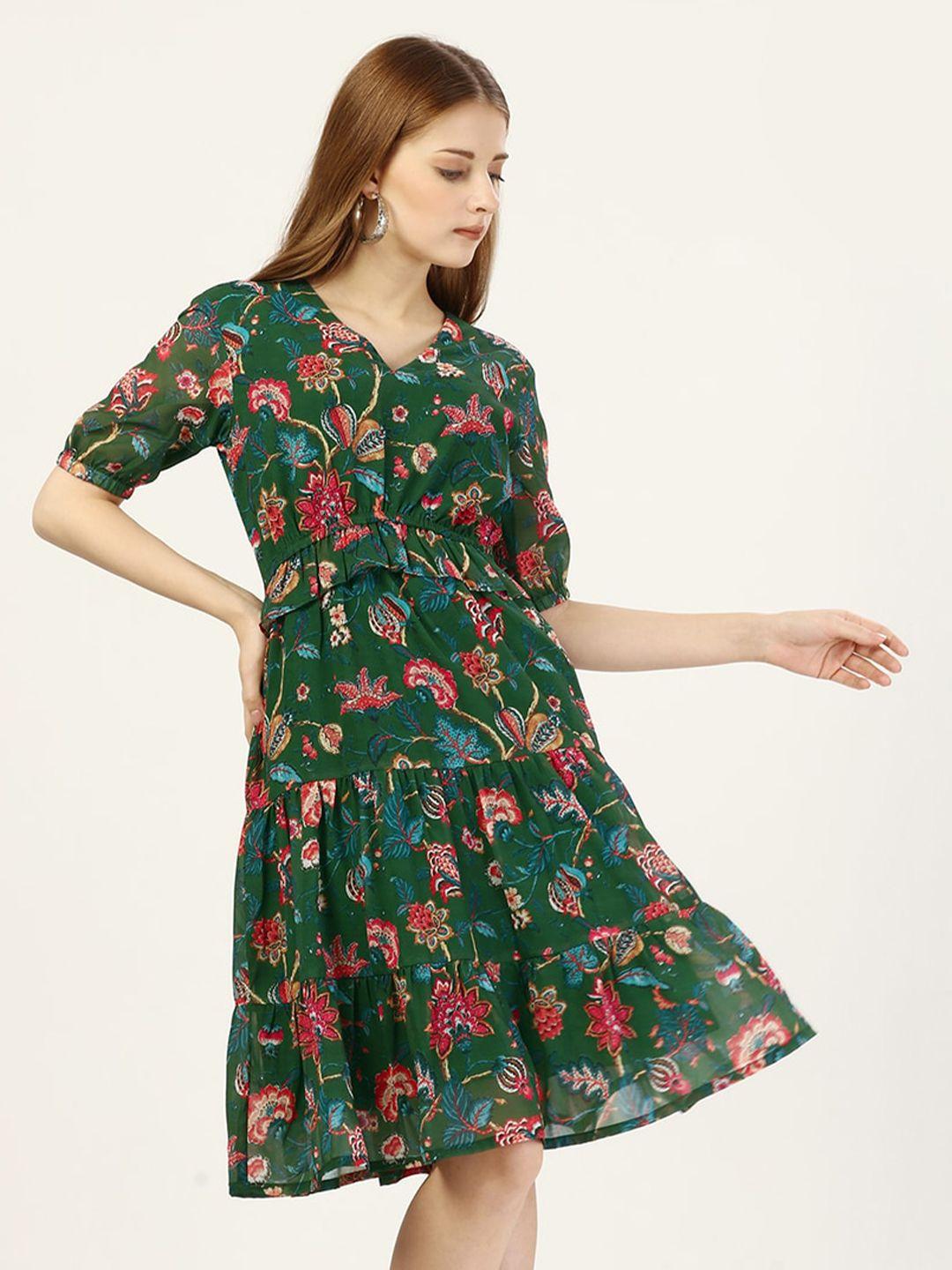 octics floral printed puff sleeves v-neck tiered georgette fit & flare dress