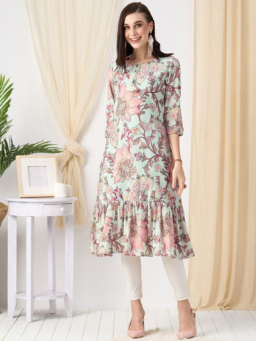 zola floral printed tie up neck cotton a-line kurta