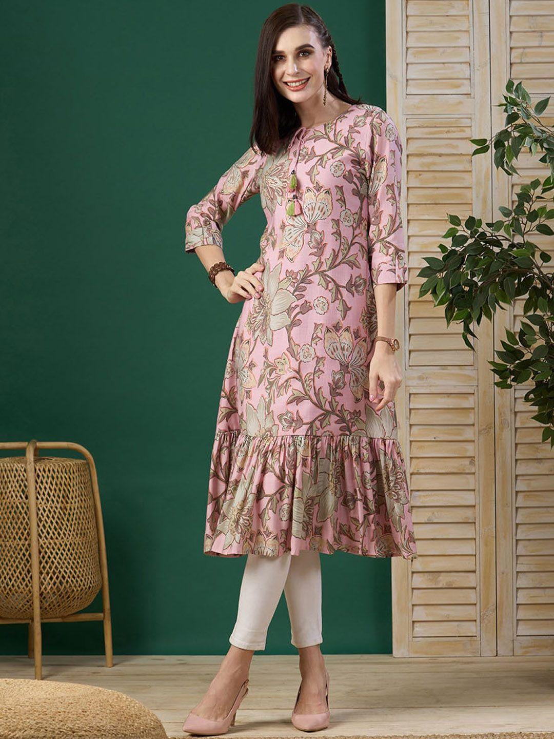 zola floral printed tie up neck a-line cotton kurta