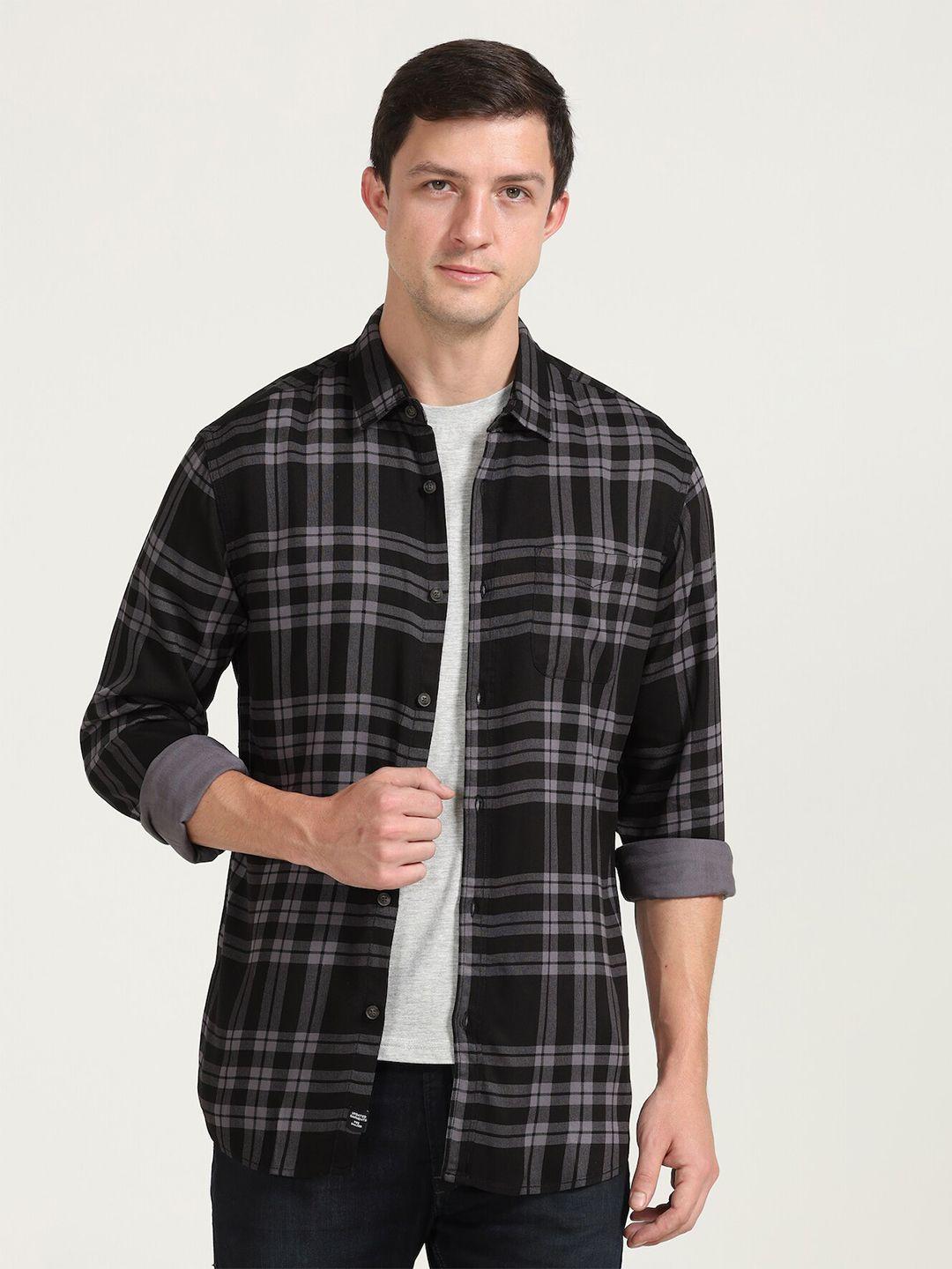 poe smart slim fit tartan checked opaque casual shirt