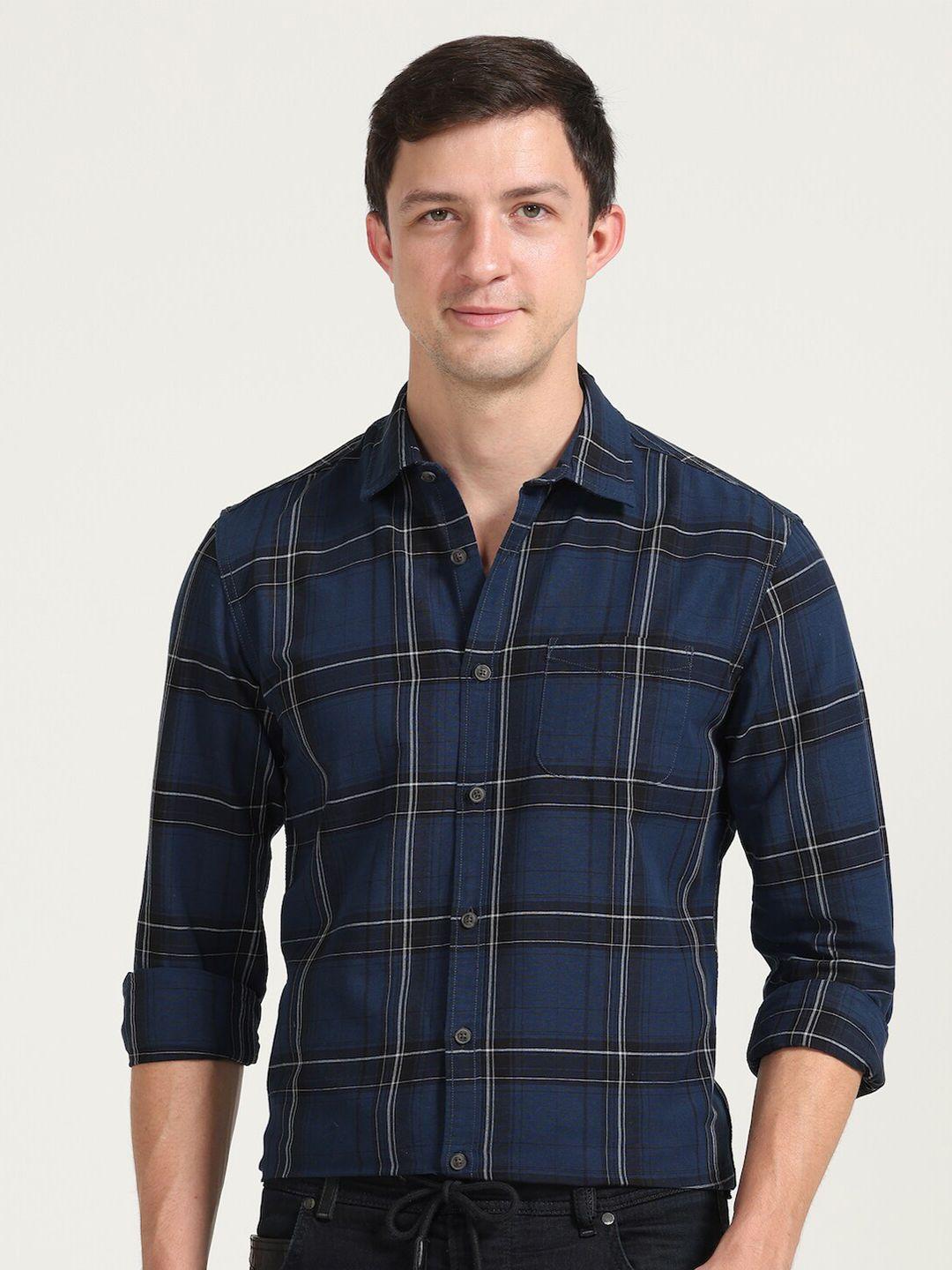 poe smart slim fit tartan checked pure cotton casual shirt