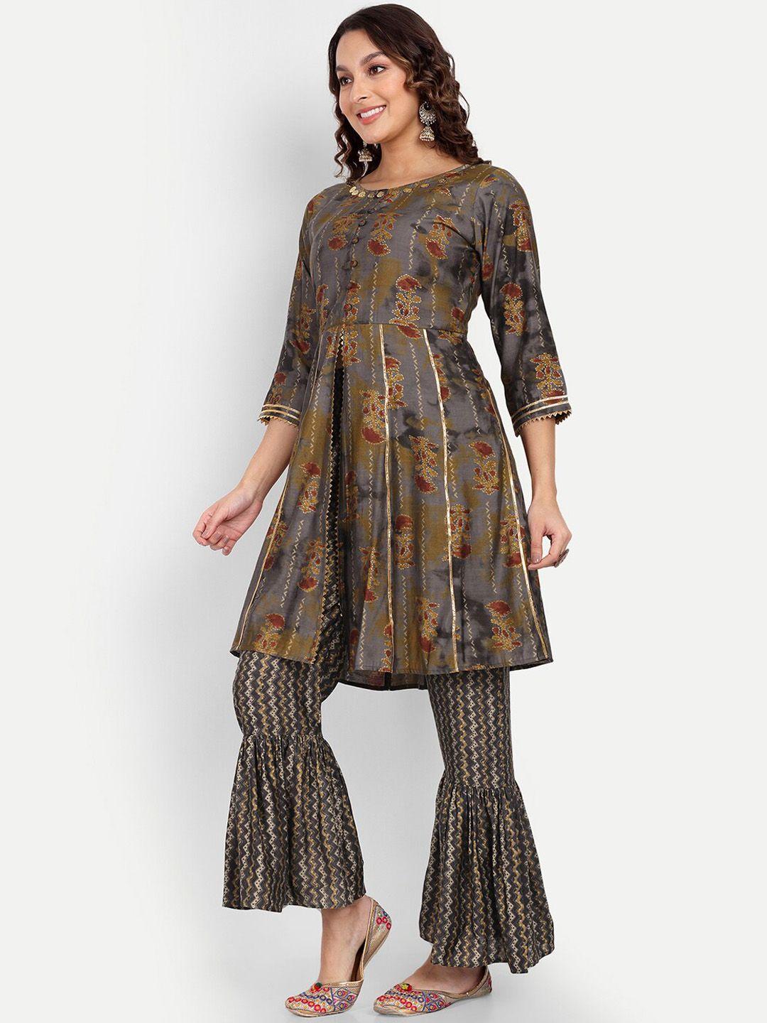 growish floral printed gotta patti a-line kurta with sharara