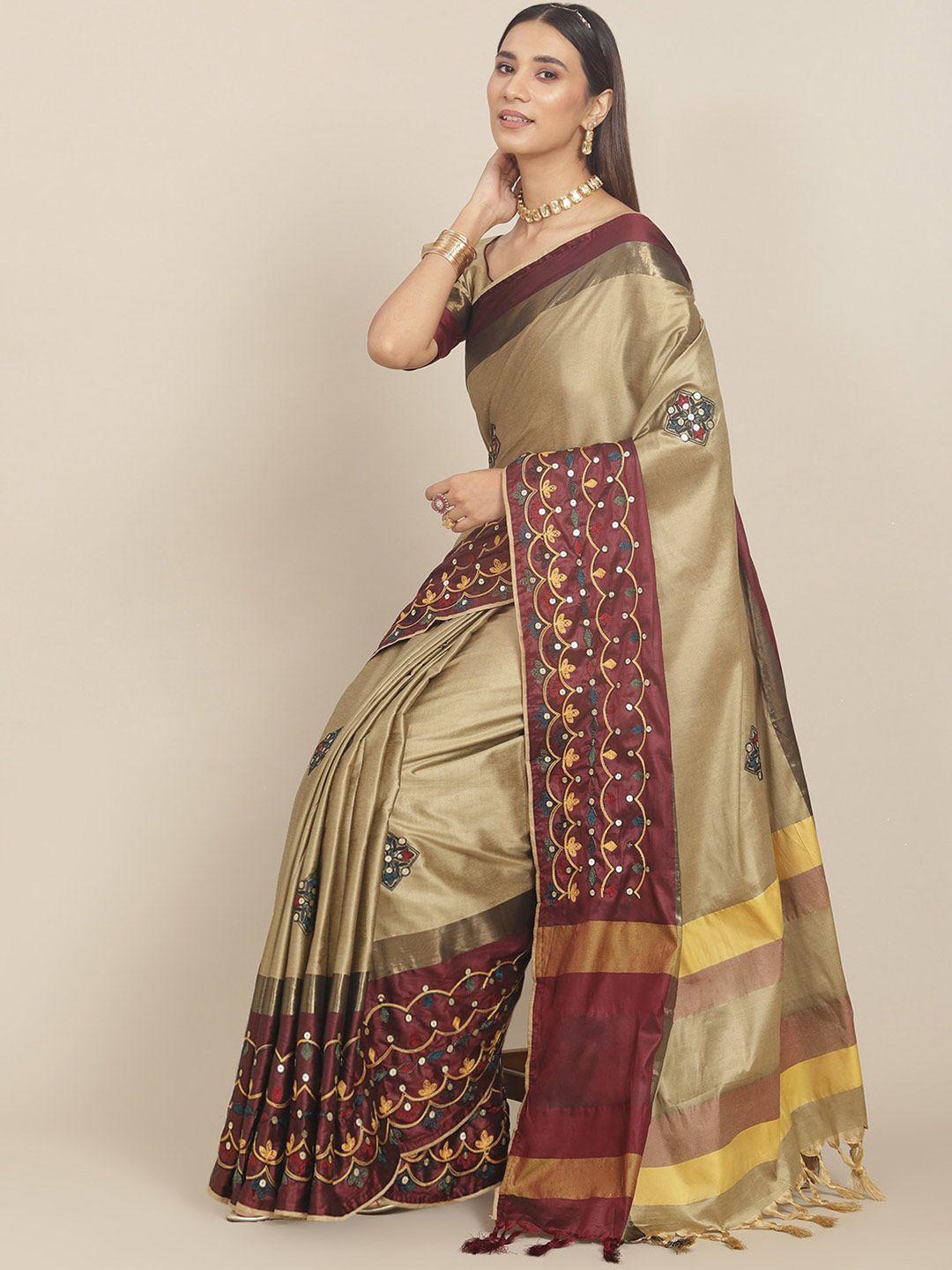 mitera cream-coloured & maroon ethnic motifs embroidered silk cotton saree