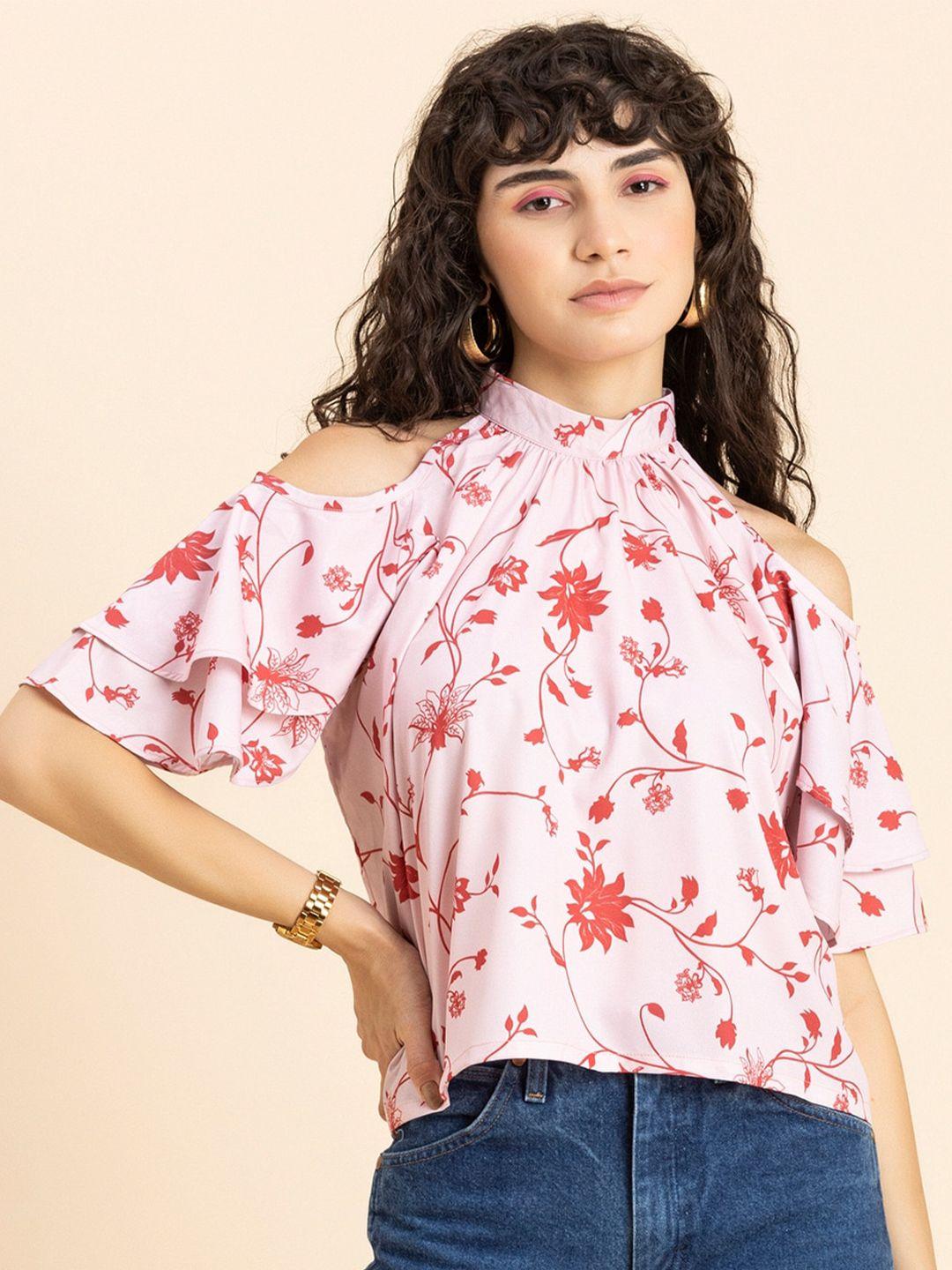 moomaya floral printed high neck cold-shoulder crepe top