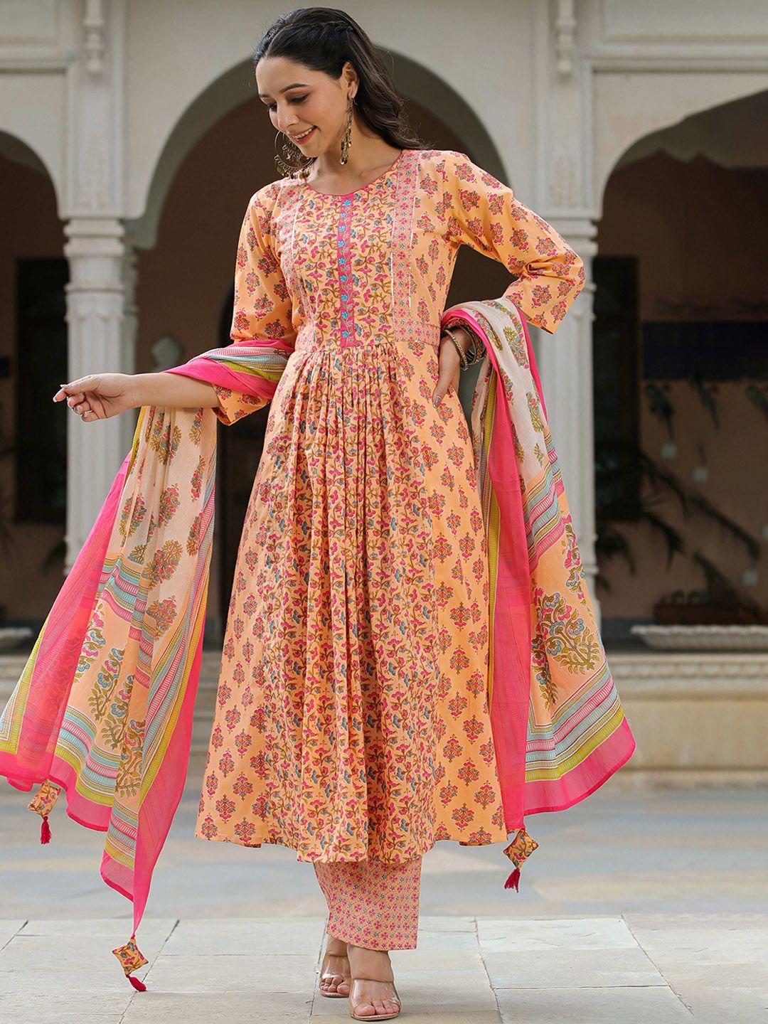 rangeelo floral printed pure cotton anarkali kurta with palazzos & dupatta