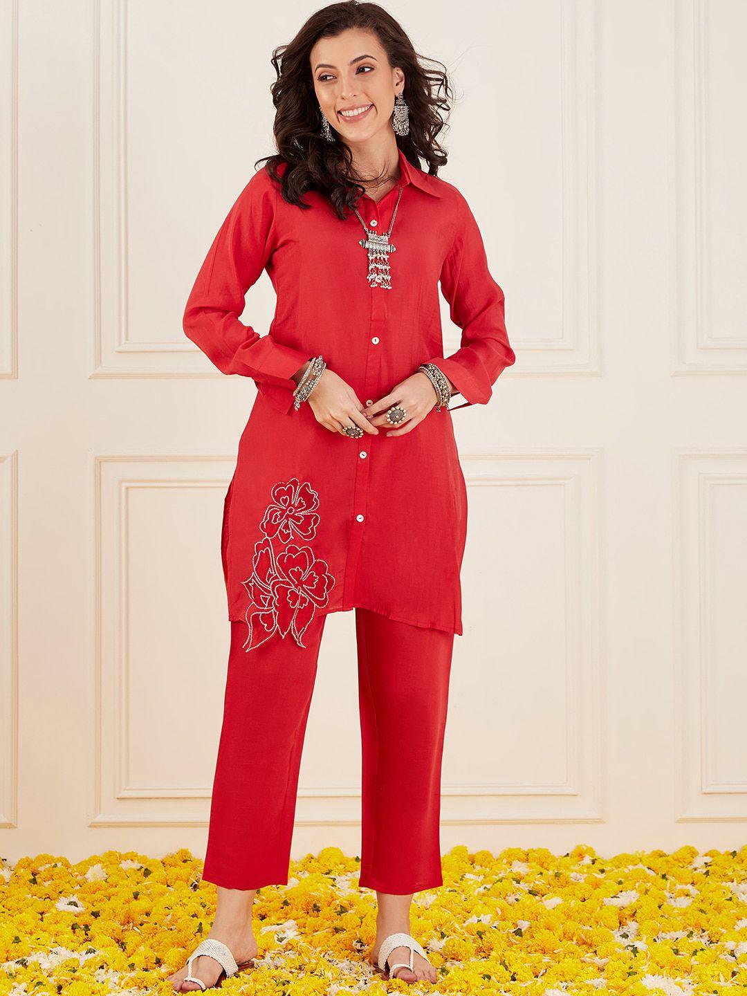 divyank red embellished shirt collar kurti with trouser