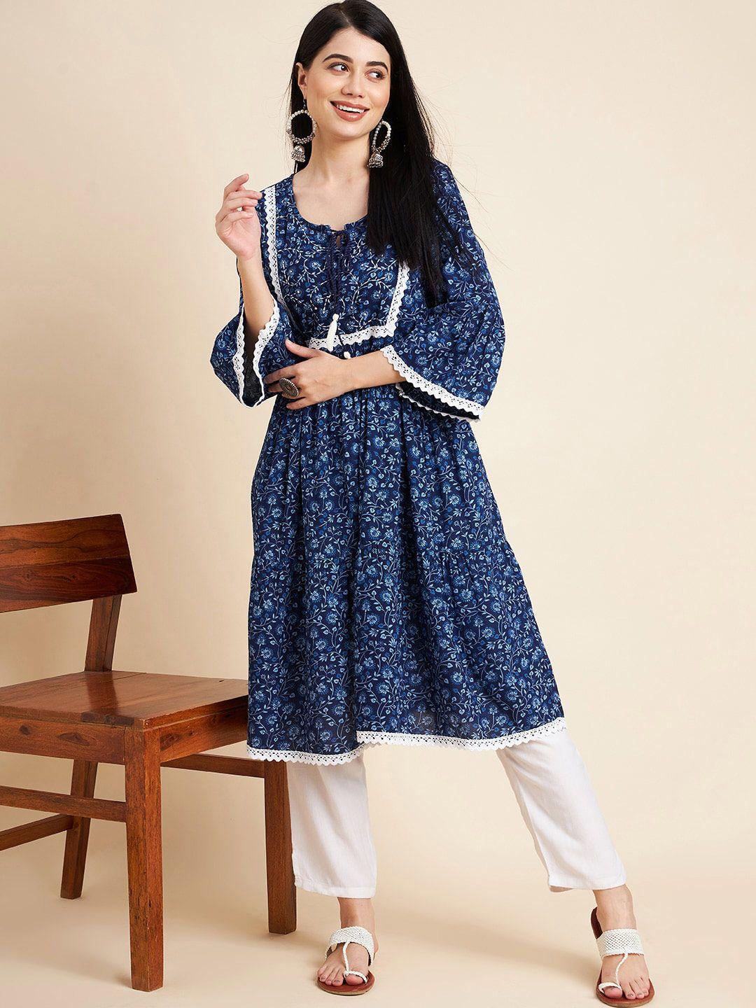 divyank blue floral printed bell sleeves tie-up neck lace insert detail a-line kurta