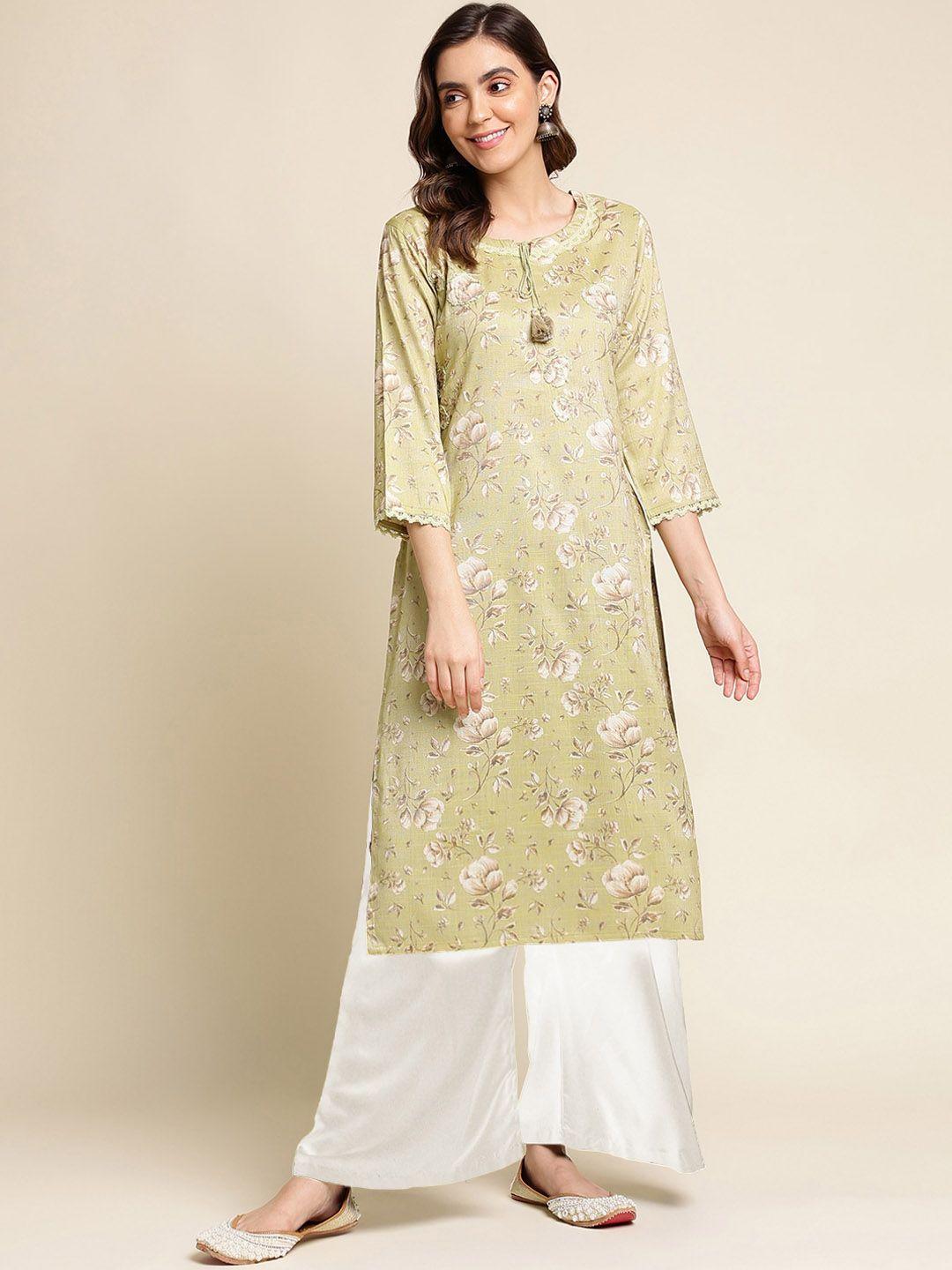 sangria floral printed tie-up neck straight kurtas