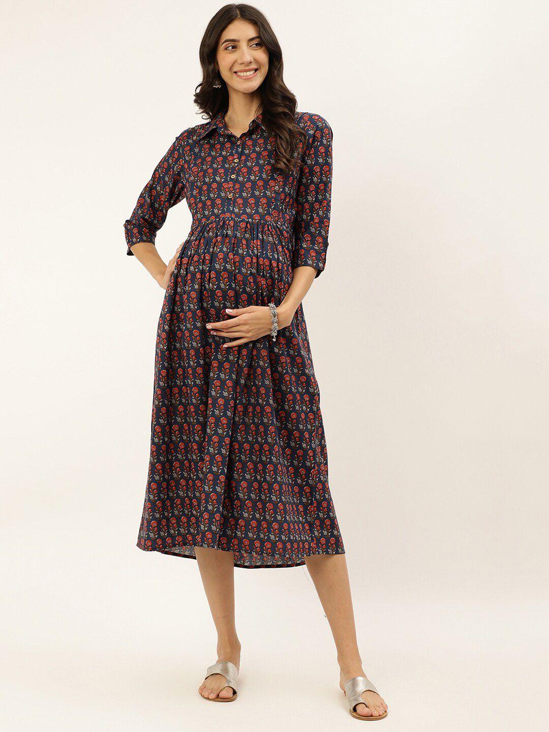 negen ethnic motifs printed cotton maternity a-line midi dress