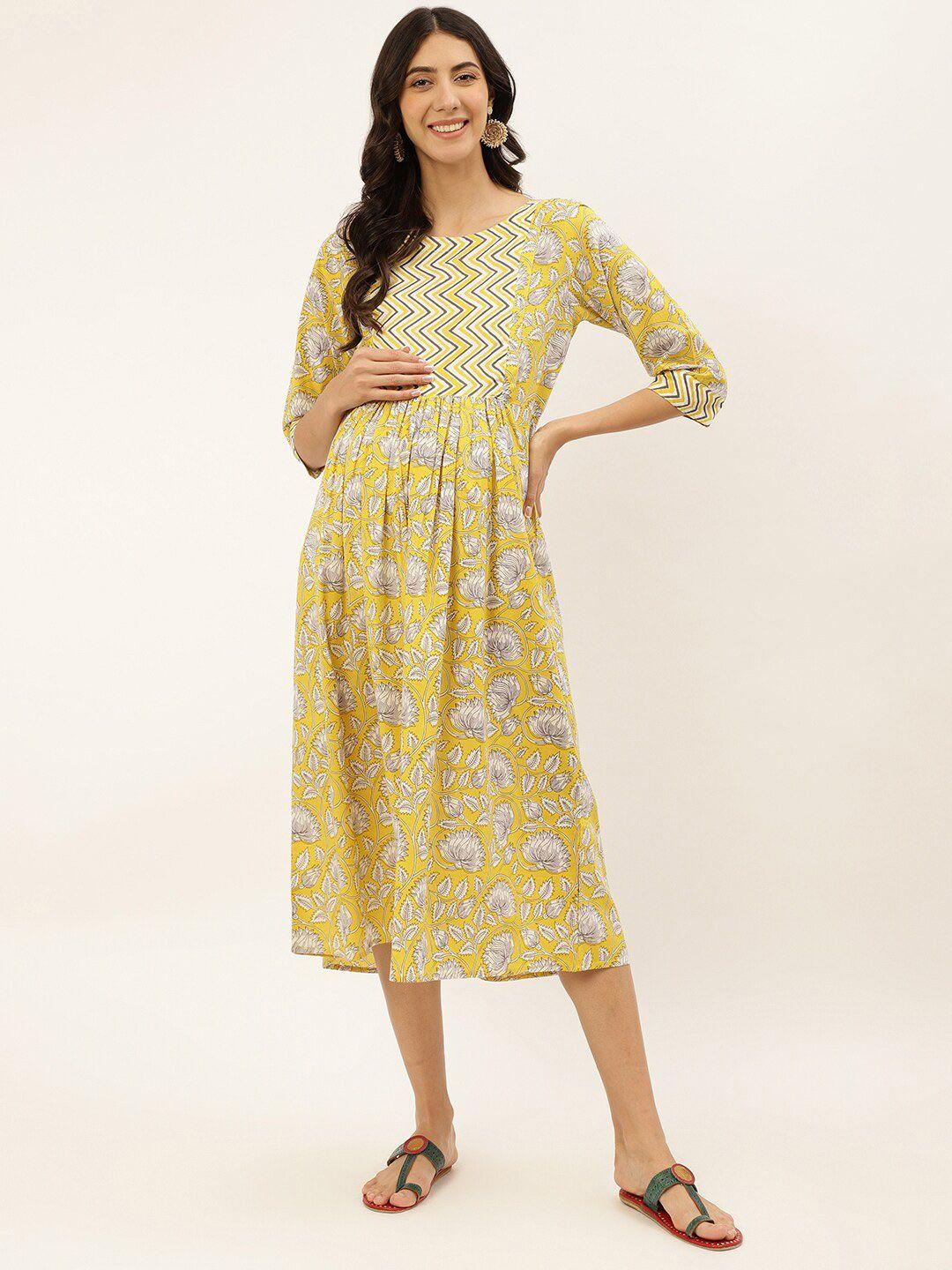 negen floral printed cotton maternity a-line midi dress