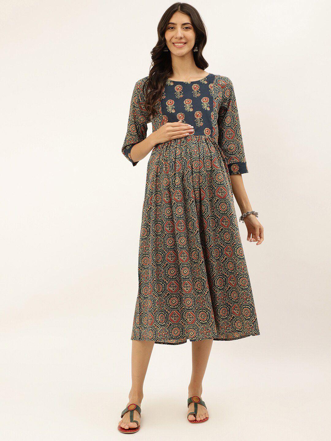 negen ethnic motif printed maternity gathered and pleated cotton a-line midi dress