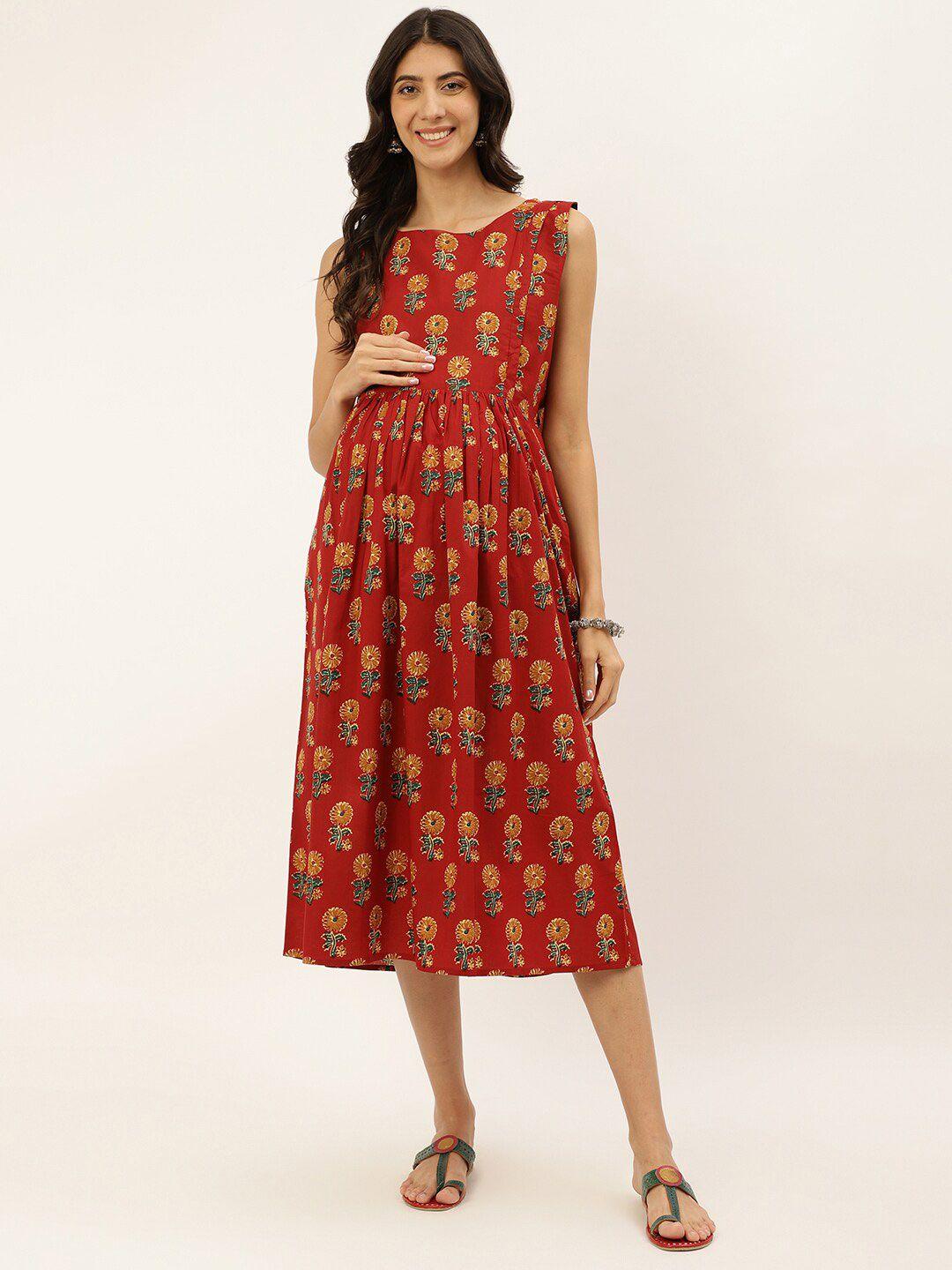 negen ethnic motifs printed cotton maternity a-line midi dress