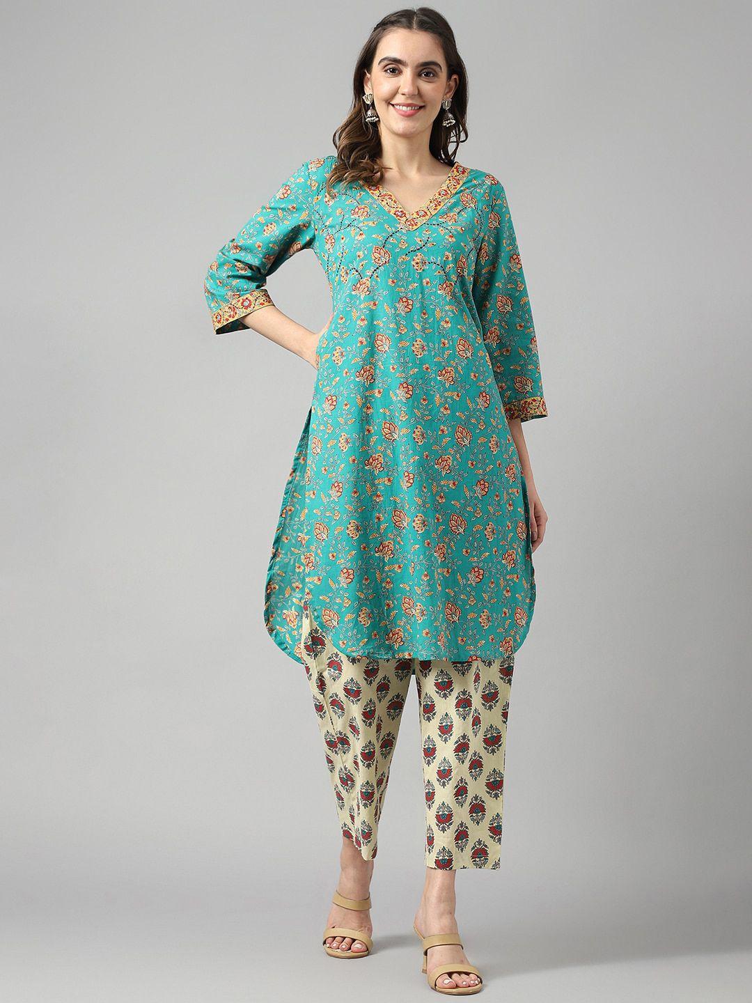 kalini floral printed regular pure cotton kurta with trousers