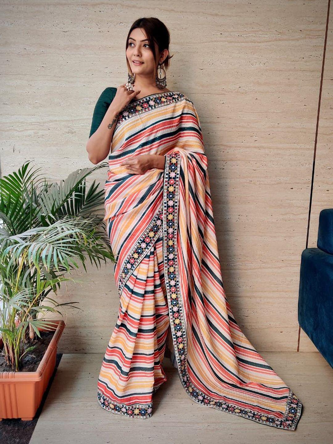 munir striped embroidered vichitra silk saree