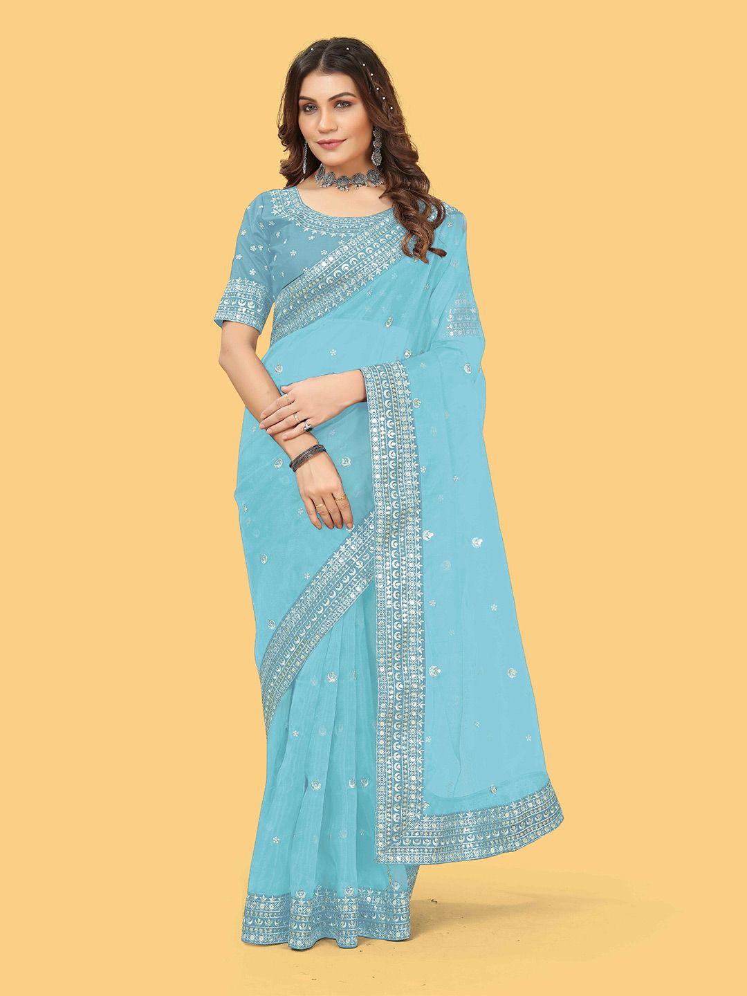 munir blue & gold-toned floral embroidered organza saree