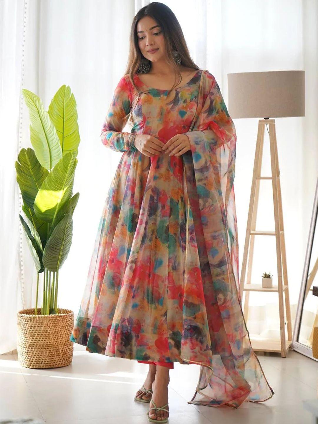 wedani abstract printed round neck anarkali kurta with trousers & dupatta