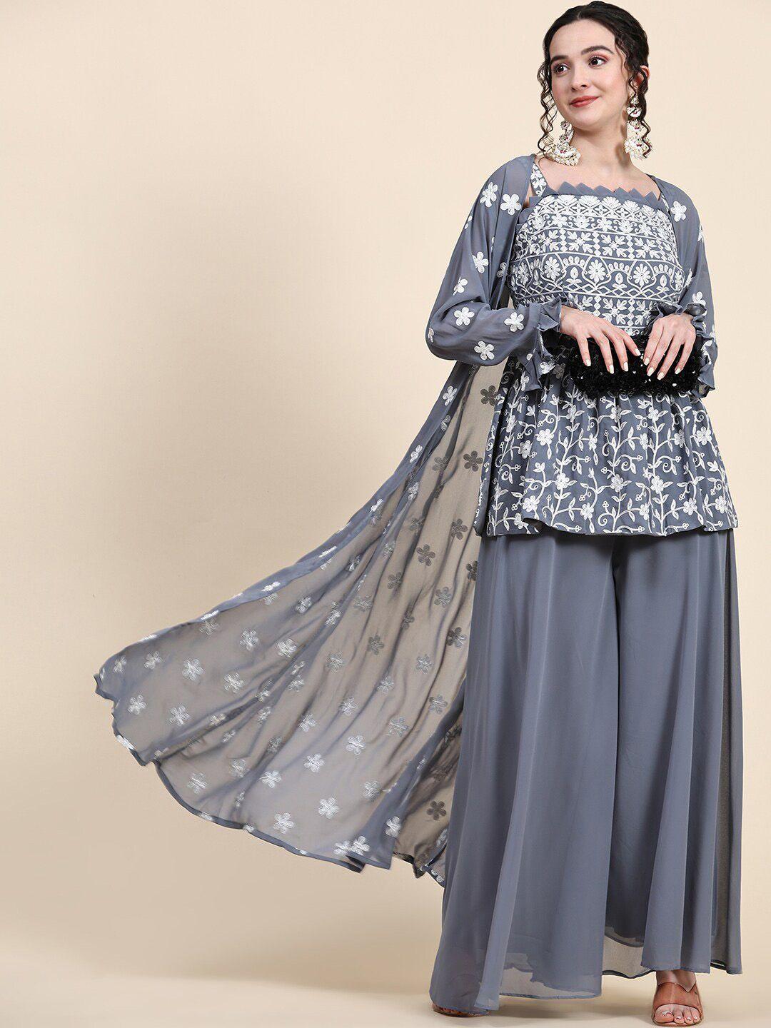 black scissor ethnic motifs embroidered chikankari kurta with palazzos & koti