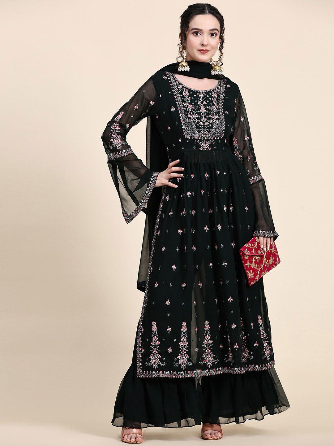 black scissor floral embroidered pleated sequinned kurta with sharara & dupatta