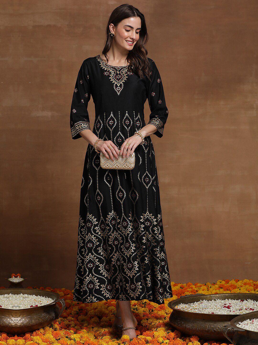 indo era ethnic motifs printed fit & flare ethnic dress