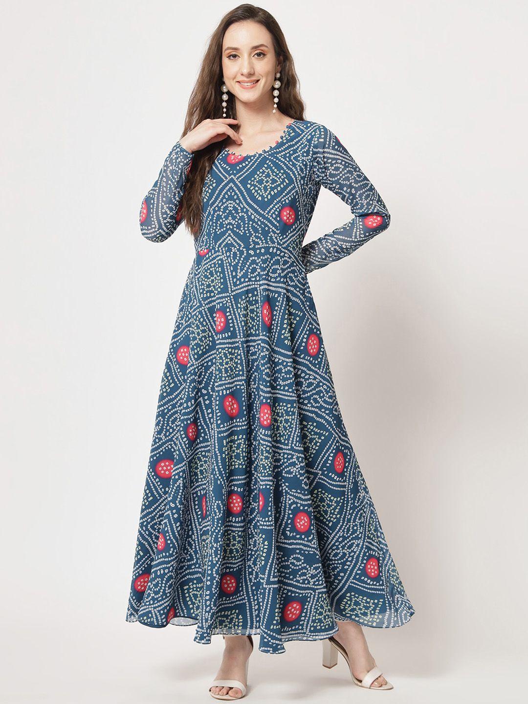 black scissor bandhani printed maxi georgette fit & flared ethnic dresse