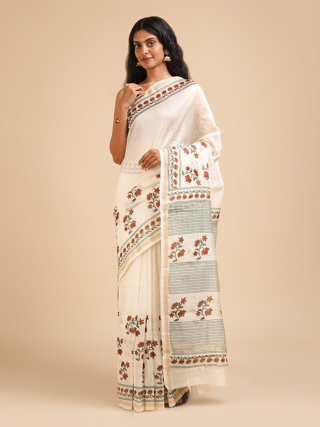 teejh off floral printed silk cotton chanderi saree