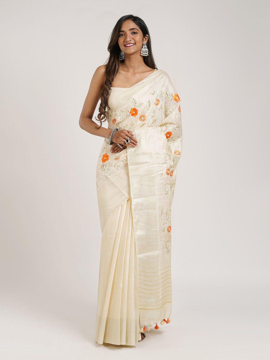 teejh floral embroidered linen blend saree