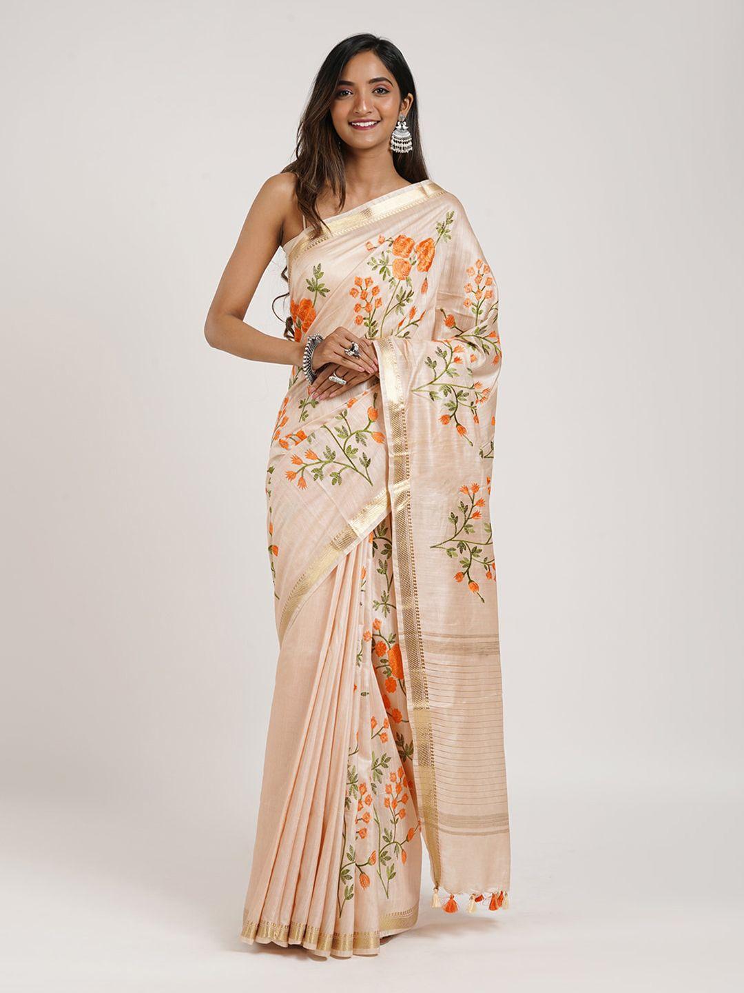 teejh floral printed zari linen blend saree