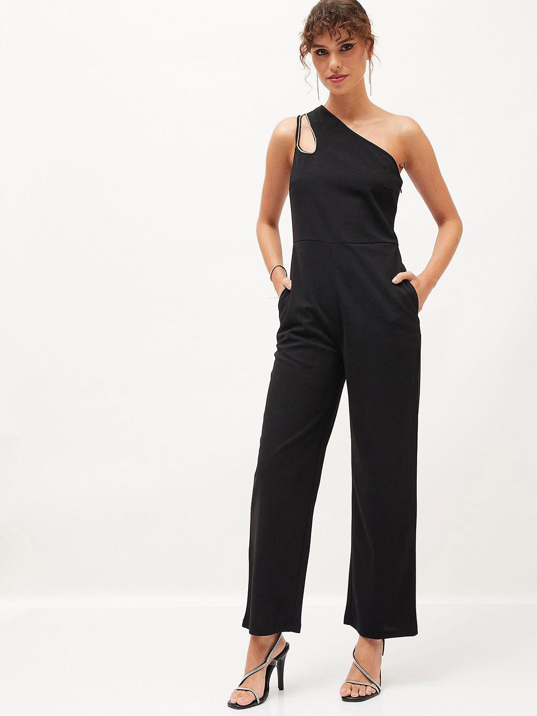 sassafras black one shoulder basic jumpsuit